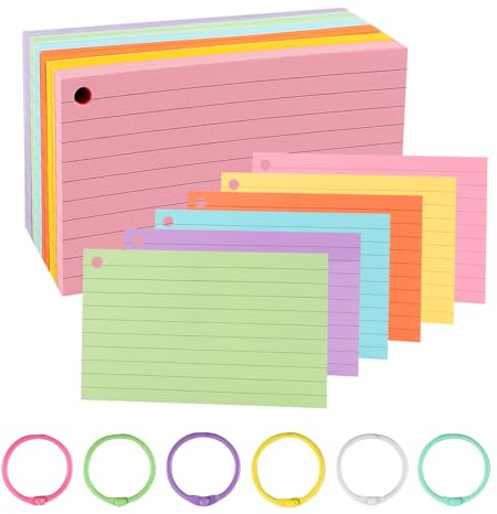 TECDW 300 Hojas Flashcards 7,6 x 12,7 cm Tarjetas Estudio con 6 Anillas de Encuadernación, Tarjetas de Índice con Rayas, Fichas Rayadas, Cartulina de Revisión para Hogar Escuela Oficina Notas (005)