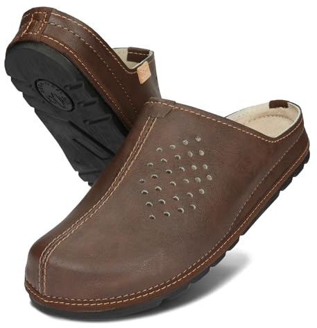BeComfy Zapatillas de Casa Unisex de Cuero Auténtica para Hombre y Mujer Suela Sólida 36-46 EU (Marrón oscuro, Sistema tallas calzado EU, Adulto, Números, mediano, 44)