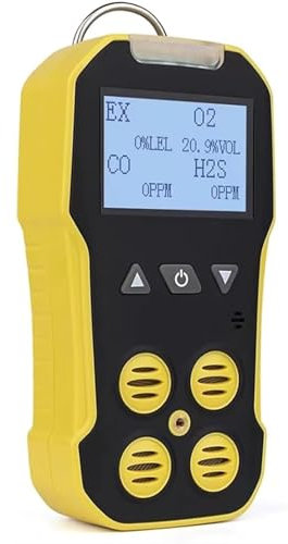 Detector De Gas Múltiple Portátil, O2, CO, H2S, EX Monitor De Gas Portátil 4 En 1 con Pantalla LCD, Analizador De 4 Gases Recargable con Alarmas De Vibración Visual por Voz - Amarillo