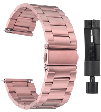 QUARKZMAN 22mm Correas de Reloj de Acero Inoxidable con Cierre de Mariposa de Metal con Recubrimiento Correa de Cadena de Acero Sólido de Liberación Rápida con Adaptador Color Rosa