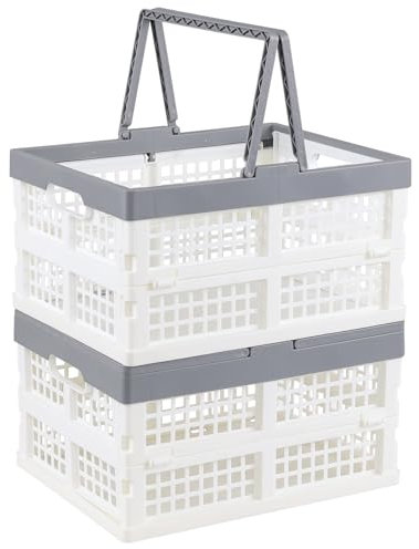Readsky 2 Packs 16 L Plastic Foldable Shopping Baskets, Collapsible Storage Crates with Handles, White