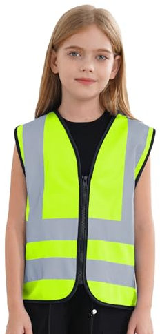 Jhaoyu Gilet di sicurezza per bambini, con strisce riflettenti, con tasche con chiusura lampo, per auto, bicicletta, sentiero scolastico, 3-12 anni, giallo., 7-10 Anni