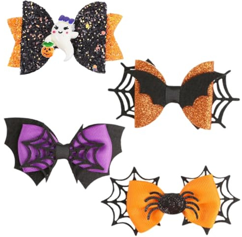 RAMGLYO 4Pcs Barrettes Nœud Papillon Halloween Paillettes Clips Cheveux Araignée Fantôme Pince à Cheveux pour Enfants Accessoires de Fête Halloween (Paillettes)