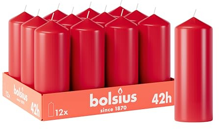 Bolsius släta blockljus – röd – 12 stycken – 15 x 7 cm – dekorativa hushållsljus – brinntid 42 timmar – oparfymerad – innehåller naturligt växtvax – utan palmolja