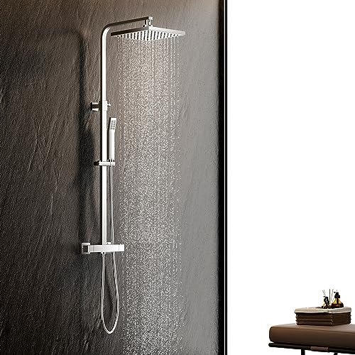 KOMIRO Duschsystem mit Thermostat, Regendusche mit Armatur, Duscharmatur mit thermostat, Duschkopf mit Schlauch und Edelstahl Höheverstellbarer Duschstange, Duschsäule Duschset, Eckig, Chrom