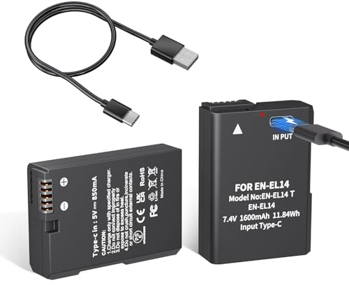 LP 2 x EN-EL14-batterier EN-EL14a, 1600 mAh med USB-C-snabbladdningskabel för Nikon D3100, D3200, D3300, D3400, D3500, D5100, D5200, D5300, D5500, D5600, DF Coolpi. x P7000 0 0 P71 00 kameror P7700