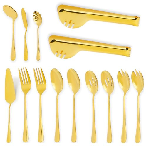 DIYJEP Ensemble de Couverts de Service 14 Pièces, Spatule à Gâteau Dorée en Acier Inoxydable, Cuillère à Égoutter, Cuillère de Service, Fourchette à Charcuterie, Couteau à Beurre, Louche à Soupe