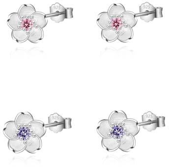 HinDaLi 2 par 925 sterling silver blomma knoppörhängen för kvinnor flickor rosa blomma örhänge nitar kubisk zirkon kvinnor örhängen silver dubbar sovande brosk allergivänliga smycken, 8mm