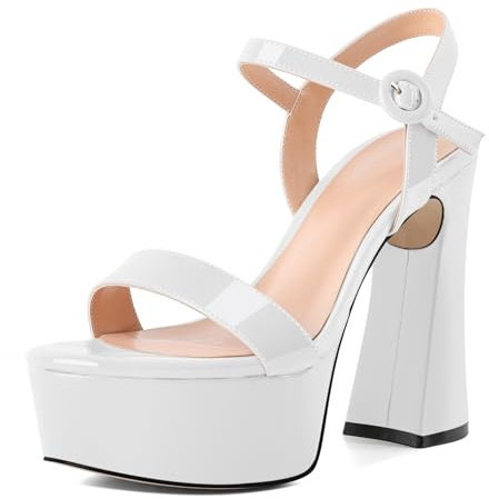 Soireelady Plateau Sandali con Tacco Grosso Verniciata 12cm Concepiti per Matrimonio, Sala da Ballo e Celebrazione, Design Comodo e Stiloso Bianco EU37