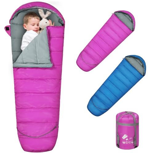 REDCAMP Saco de dormir infantil para niños y niñas, saco de dormir momia, cómodo, ligero y cálido, con longitud ajustable y 3 estaciones para camping y exteriores, color rosa, 175 x 65 cm