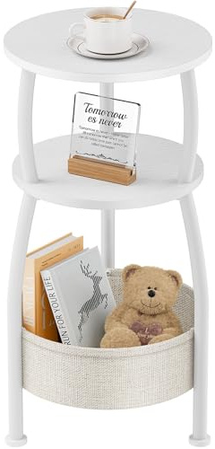 Yuede Round Side Table, 3 Tier Bedside Table, Small End Table with Fabric Basket, Coffee Table for Living Room, Bed Room, Small Space, Easy Assembly, 30 x 61 cm (White)