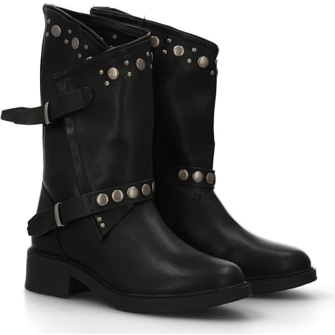 shoes&blues.es Stivali da donna stile urbano con dettagli metallici e borchie. Stampa liscia. Design Otono e Inverno, chiusura a zip e doppia fibbia decorativa., Nero , 39 EU