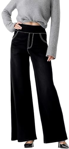 Pantalon pour femme - Taille haute - Jean à enfiler - Jambes larges - Élégant - Pantalon palazzo - Grandes tailles - Pantalon baggy confortable - Taille élastique - Pantalon de liberté avec poche