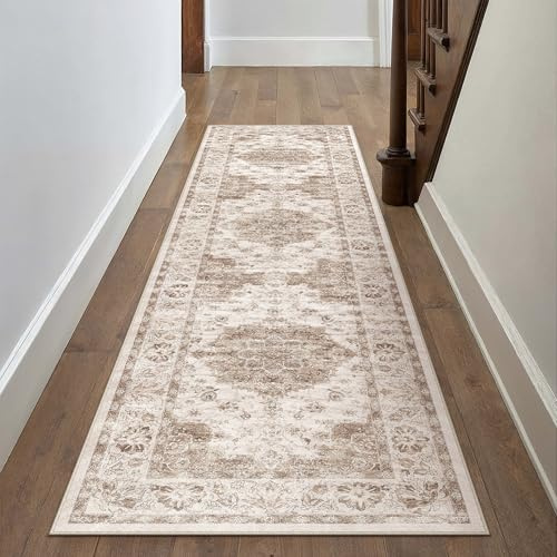 PureCozy Runner Rugs for Hallway 60x240cm Long Vintage Area Rug Washable Non Slip Oriental Medallion Printed Brown Carpet for Lounge Bedroom Kitchen Bedside Office Corridor Porch Indoor Deocor