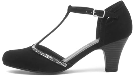 Lilley Womens Black Diamante T-Bar Court Shoe - Size 5 UK - Black