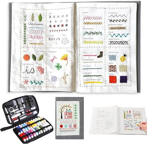 Fubsta Libro de punto de bordar, juego de bordado para adultos, juego de bordado para principiantes, libro de bordado portátil con instrucciones paso a paso para 143 puntadas, con una variedad de