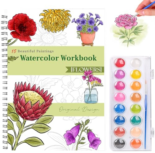 Zylota cahiers aquarelle pour débutants,15 motifs fleurs,16 couleurs et pinceaux, livre de peinture aquarelle pour adultes détente,carnet de dessin aquarelle pour femmes