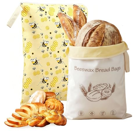 Domefahaso 2 Stück Wiederverwendbare Brotbeutel mit Bienenprint, 42x33 cm, Lebensmittelecht mit TPU-Innenfutter, Transpirable Bolsa de Tela para Pan y Productos horneados