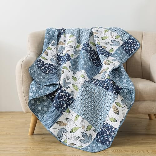 SLPR Pacific Coast 50 x 60 Quilted Throw Blanket, Blue and White Floral Patchwork Throw Quilt for Couch and Bed, Lightweight Lap Quilt