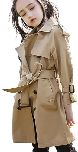 amropi Filles Trench-Coat Coton Automne Veste Single Breasted Trench Manteau (Kaki, 10-13 Ans)