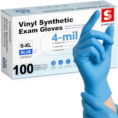 Schneider Blue Vinyl Synthetic Exam Gloves, Medium, Box of 100, 4 Mil, Powder-Free, Latex-Free, Non-Sterile, Disposable Gloves