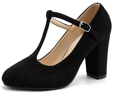 Women's T-Strap Mary Jane Pumps, Chunky Heel, Vintage Style, 3.54 Inch Round Toe Dress Shoes Suede Black US 12