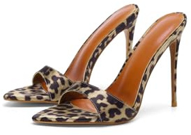 Sandalo sexy a spillo con stampa leopardata con tacco alto, scarpe da donna alla moda con tacchi alti, Frankie Hsu Designer a punta in raso marrone Spike Mule Sandalo per le donne US514, Marrone, 43