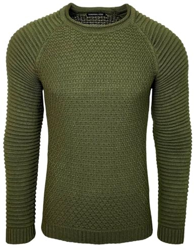 Subliminal Mode Pull Homme en Maille Col Rond - Style Basique - Pull Grosse Maille Nervuré - Pull Over Tricoté Hiver Manches Longues - Idée Cadeau BX8056 - Vert Kaki XL