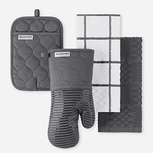 KitchenAid Quilted Cotton Terry Cloth Oven Mitt, Pot Holder, Kitchen Towel 4-Pack Set, Heat Resistant, Silicone Grip, Gift Set, Charcoal Grey, 16x26, 7x13 & 7x10