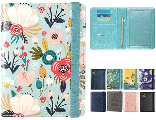 DMLuna Reisepasshülle, Premium-PU-Leder, RFID-blockierend, Reisepasshülle, Reisedokumente, Organizer mit Stifthalter, für Damen und Herren, Hügelblume