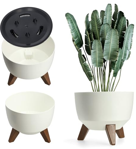 KADAX Pot de Fleurs en Plastique sur Trois Pieds, Effet Bois pour Sublimer la Décoration de Votre Maison et de Votre Jardin, Intérieur et Extérieur (Blanc, 24 cm)