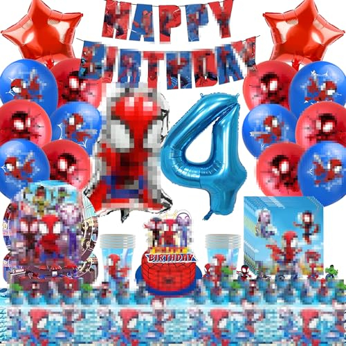 Geburtstagsdeko 4 Jahre,Partygeschirr Geburtstag,Deko Kinder,Luftballons Geburtstag,Folienballon,Teller,Tasse,Tischdecke,Servietten,Tortendeko,für Kindergeburtstag Party Deko(4 Jahre)