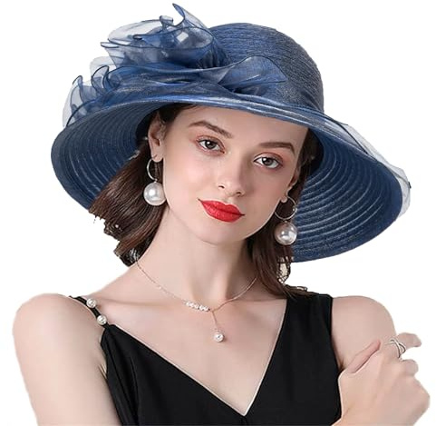Chapeau Derby en Organza pour Femme à Large Bord pour Mariage, église du Kentucky, goûter, Chapeau Bibi d'été, Bleu Marine avec décor Floral, Taille M