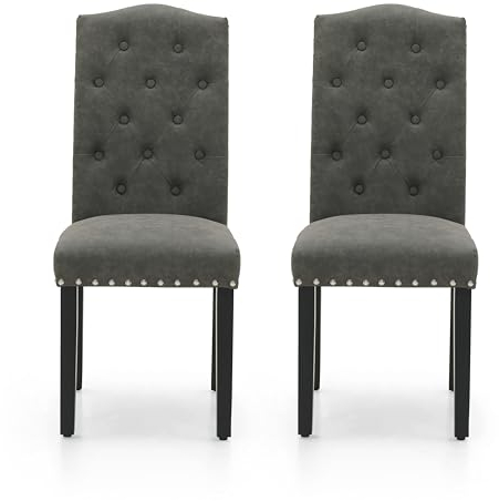 ALPHA HOME Getuftete Esszimmerstühle 2er-Set, Kunstleder Küchenstühle Gepolstert Moderne Wohnzimmerstühle mit Knopfleiste Holzrahmen hoher Rückenlehne, Stilvolle Polsterstuhl Grau