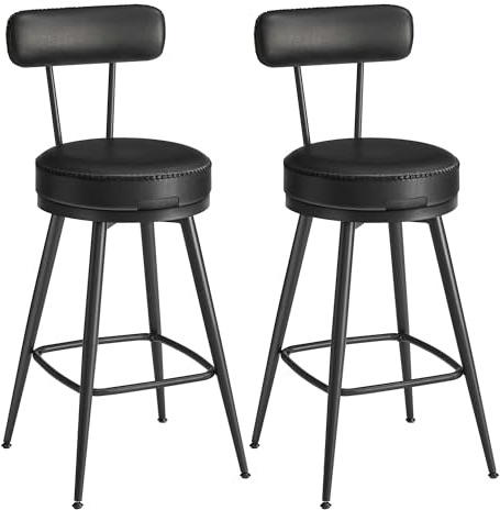VASAGLE Collection - 360?Swivel Bar Stools Set of 2, Counter Chairs with Backs, Synthetic Leather with Stitching, Mid-Century Modern, 65 cm Tall, Kitchen Home Bar, Ink Black EKHO LBC089B88
