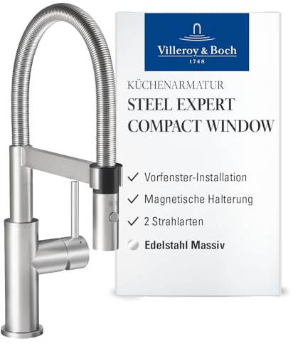 Villeroy & Boch Steel Expert Compact Window Rubinetto da cucina ad alta pressione, rubinetto da cucina con montaggio a finestra, rubinetto per lavello a risparmio acqua, altezza 147 mm, in acciaio