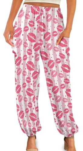 Gzzxiailg Pink Lips Kung fu Pant for Womens High Waist Tai Chi Pant Non-See-Through Pilates Dance Joggers Sporty Leggings with Pockets