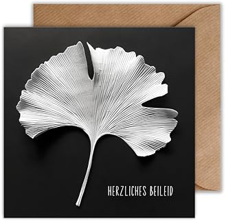 WBdesignz Trauerkarte mit Umschlag - Kondolenzkarte Weißes Ginkgo Blatt - Beileidskarte Karte für die Beerdigung (125 x 125 mm)