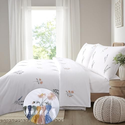 Floral Duvet Cover Set King Size White Pink Flower Embroidered Girls | White Duvet Sets Flower, Wildflower Fresh Spring Summer French Country Cottage Dorms Bedding Set Botanical Polycotton 230x220