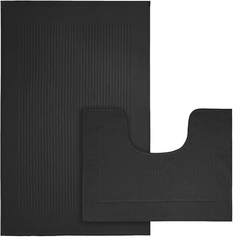 Olivia Rocco Monaco 2 Piece Bath Mat & Pedestal Set, Super Soft Cotton Non Slip Bathroom Set Water Absorbent Bathmats for Bathroom Floor Quick Dry Bath Rug Foot Mat, Charcoal