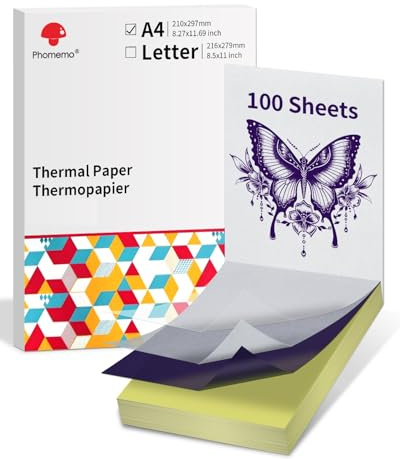 Phomemo 100pcs A4 Tattoo Transfer Paper,Tattoo Stencil Paper,Thermal Transfer Paper for Tattoo A4 Size 8.27 x 11.69 Compatible with M08F M08F Plus A886 A887 TP81 Tattoo Thermal Printer