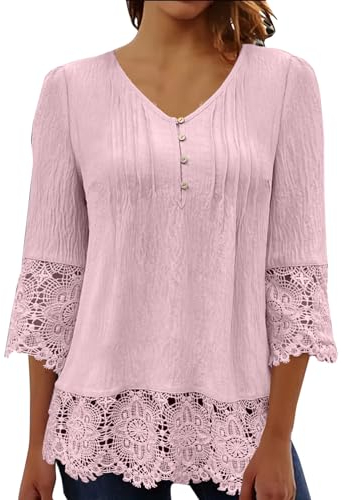 EMATOP Blusen & Tuniken für Damen 3/4 Ärmel Elegant Tshirt Baumwolle Sommer Oberteile Leicht Einfarbig Tunika Sommershirts Casual V-Ausschnitt Bluse Tops Lässiges Bequemes Blusenshirt Streetwear