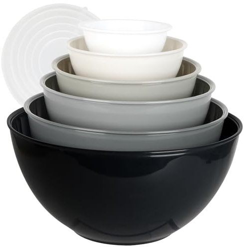 Mozvvco 6 Piezas Cuencos para Mezclar con Tapa, Ensaladera de Plastico Apilables, Cuencos Cocina para Ensalada Alimentos, Bol Cocina Libre BPA, Ensaladera Grande 0,25-5,25 L, Aptos para Lavavajillas