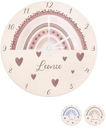 wunderwunsch® - Personalisierte Wanduhr Kinder aus Holz mit Spezial-Druck - Lautloses Uhrwerk mit Aufhängung - Babyzimmer Deko Kinderzimmer (Regenbogen rosa)