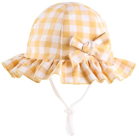 Happy Cherry - Sombrero de Playa Verano con ala Ancha Niña Bebé Gorro de Sol a Cuadros Protección UV Infantil Gorra Algodón para Vacaciones - 1-2 Años Amarillo