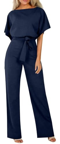 HOOUDO Ladies Jumpsuit Size 12 Summer Short Sleeve Playsuits Ladies Plain Casual Wide Leg Pant Belted Romper Formal Wedding Overalls Baggy One Piece Outfits Dungarees Buy Again My Orders Navy