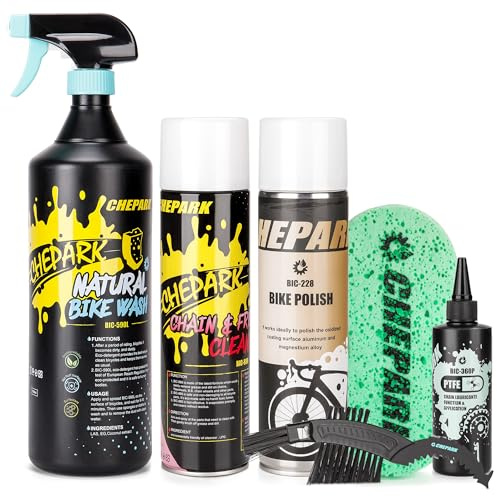 Fahrrad-Reinigungsset – Fahrradwäsche & Antriebsreinigungs-Kit mit Fahrradreiniger, Fahrrad-Entfetter, PTFE-Schmiermittel, Fahrradpolitur, Reinigungsbürste und Schwamm