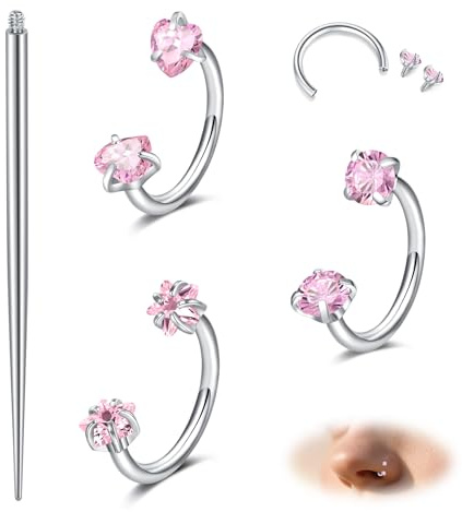 MODRSA Piercing de Nariz Herradura 18G Acero Quirúrgico Plata con Corazón Rosa de Zirconio para Septum y Helix 8mm