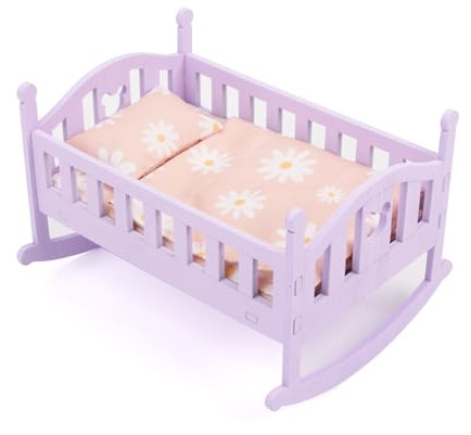 Licsaliwe Culla per Bambole in Legno con Set di Biancheria da Letto, Letto per Bambole Viola con Design oscillante per Bambini