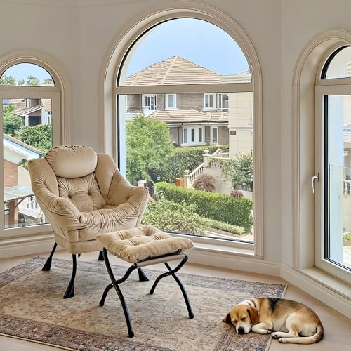 muenfly Sillón de relax con taburete y otomana XXL, color caqui, reposapiés, reposabrazos y bolsillo lateral, cómodo sillón de TV y sillón para salón, dormitorio y oficina